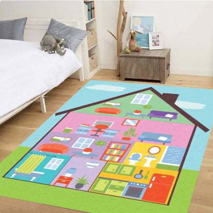 Kids Playroom Area Rug, Dollhouse Play Mat Carpet, Washable Non Slip Floor Rug, Colorful Educational House Design, Nursery Bedroom Decor