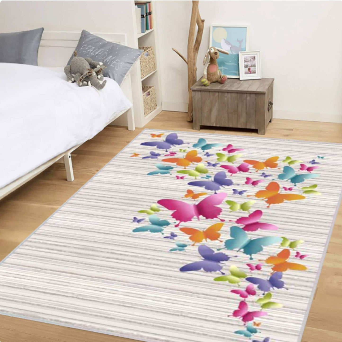 Colorful Butterfly Kids Rug - Washable Non-Slip Floor Rug