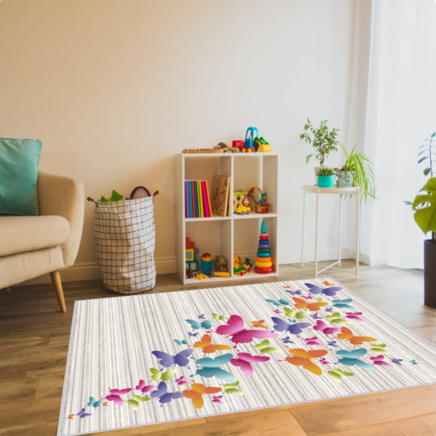 Colorful Butterfly Kids Rug - Washable Non-Slip Floor Rug