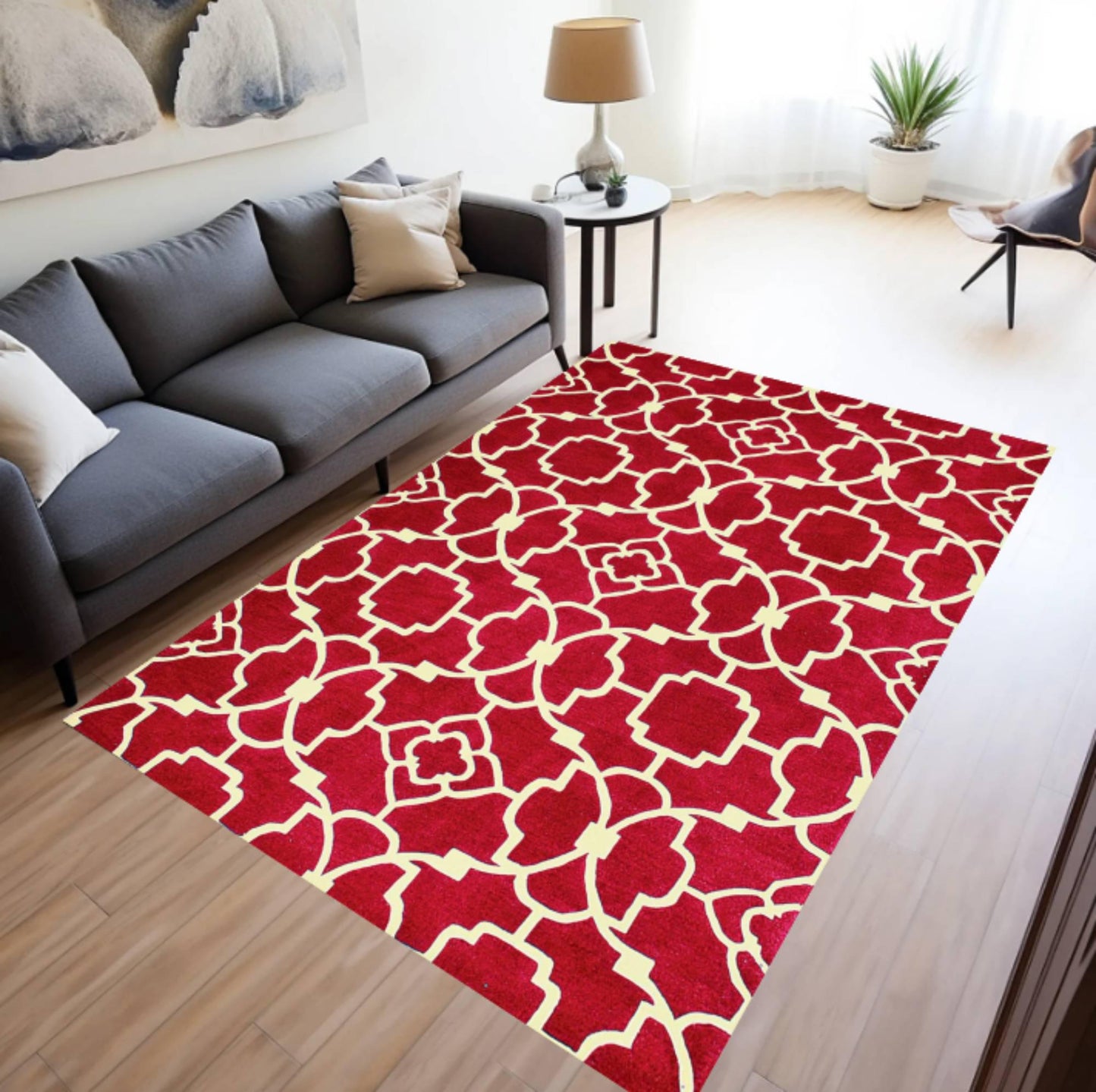 Red Moroccan Modern Geometric Washable Non-slip Rug