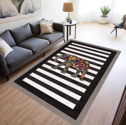 Colorful Rug Elephant Washable Non-slip Modern Rug Black White Striped
