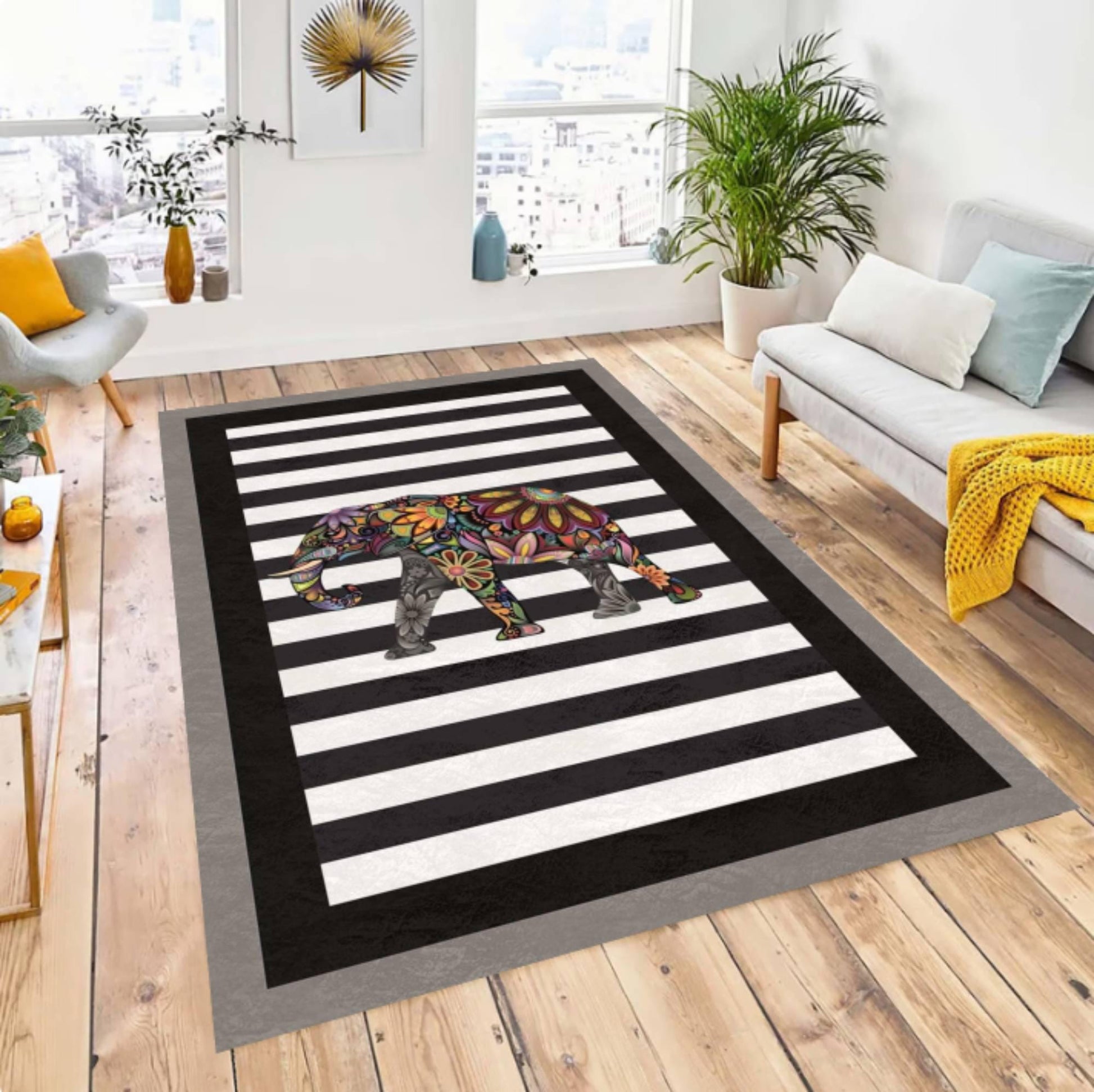Colorful Elephant Area Rug, Washable Non Slip Modern Carpet, Black White Striped Floor Rug, Boho Animal Art Design, Living Room Decor