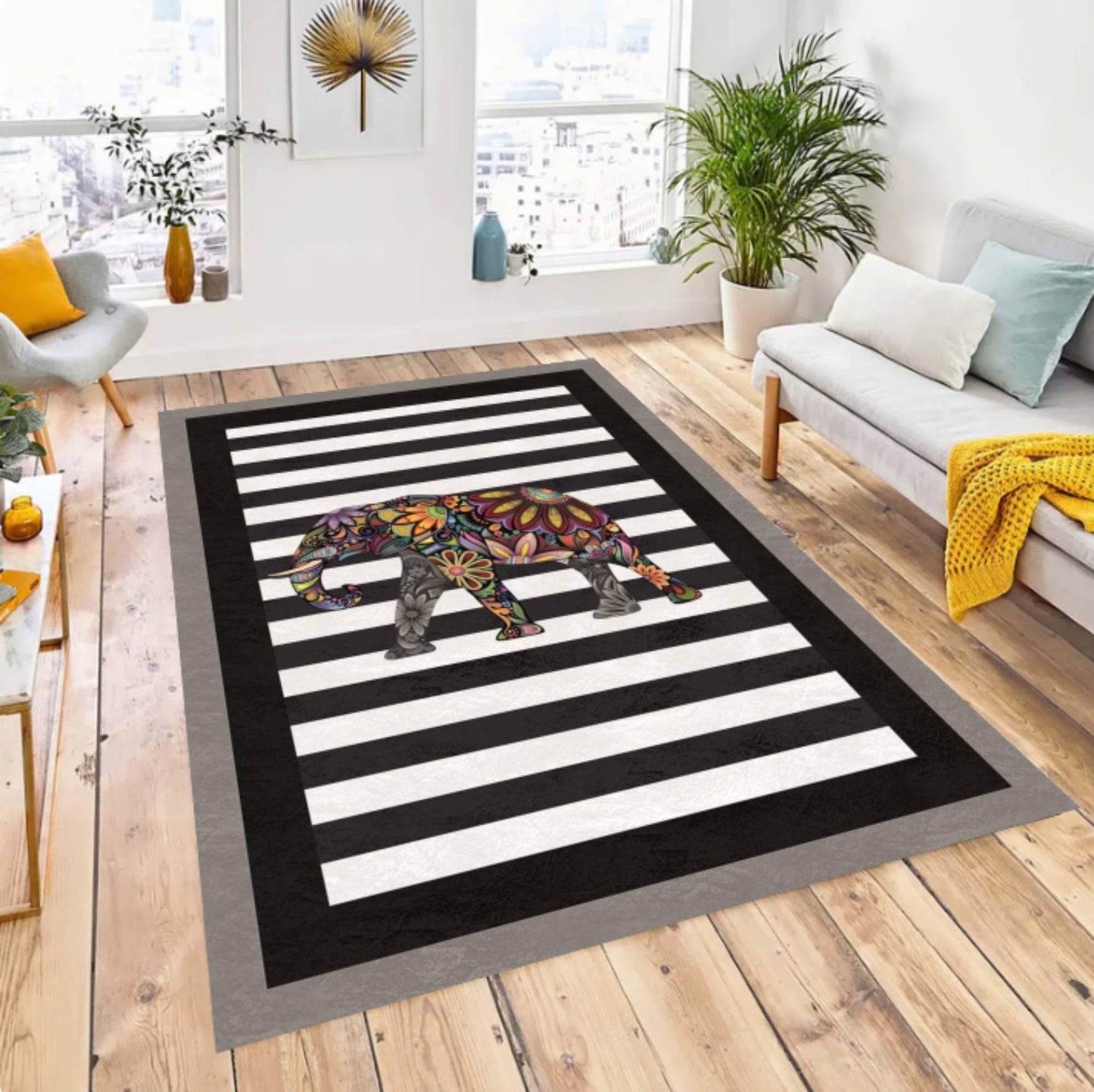 Colorful Rug Elephant Washable Non-slip Modern Rug Black White Striped