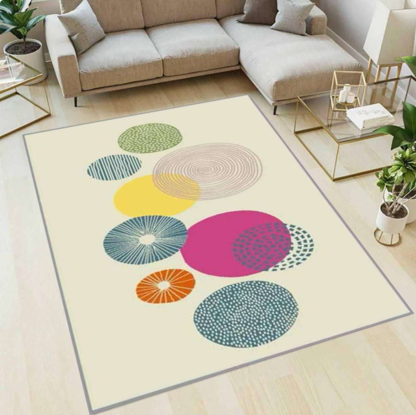 Colorful circular pattern rug on a wooden floor in a living room setting.