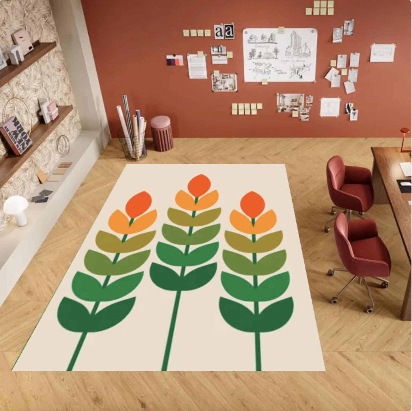 Mid-Century Floral Rug - Washable Non-Slip Floor Rug