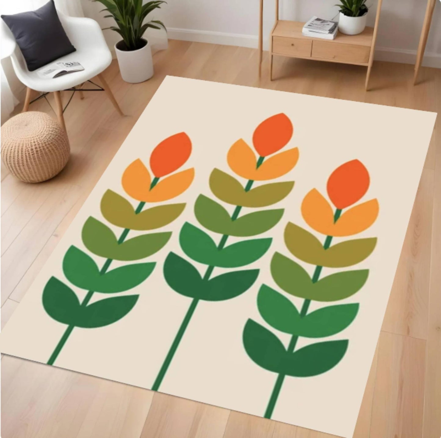 Decorative rug with green and orange floral design on a wooden floor.