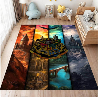 Multicolored rug with Hogwarts school emblem in a room with toys and furniture.