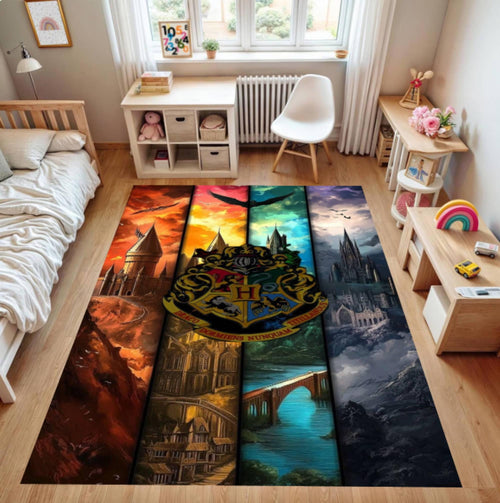Fantasy Castle Crest Area Rug, Wizard Inspired Floor Decor, Washable Rug, Non Slip Backing, Kids Room Rug, Gamer Bedroom Decor