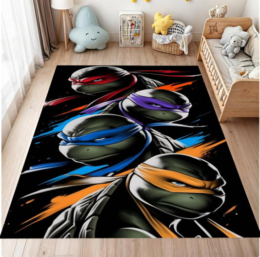 Tortoise-shaped rug with colorful masks in a room with toys and furniture.
