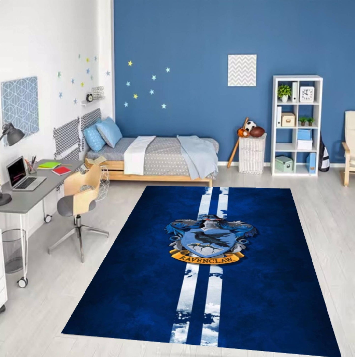 Blue Raven Crest Area Rug, Fantasy Wizard Style, Washable Non-Slip
