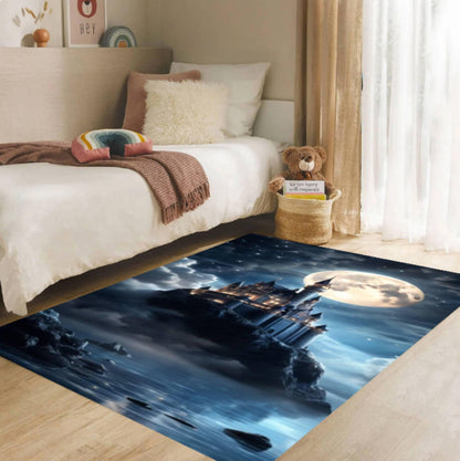 Fantasy Castle Area Rug, Washable Non Slip Floor Carpet, Moonlight Night Castle Landscape Design, Magical Kids Room Bedroom Decor