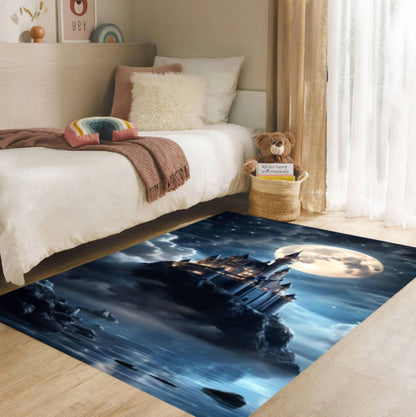 Fantasy Castle Washable Non-Slip Rug - Moonlight Night Castle Landscape