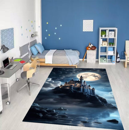 Fantasy Castle Washable Non-Slip Rug - Moonlight Night Castle Landscape