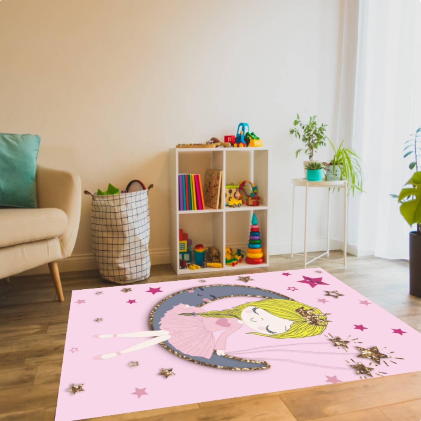 Princess Moon Pink Washable Non-slip Kids Room Rug