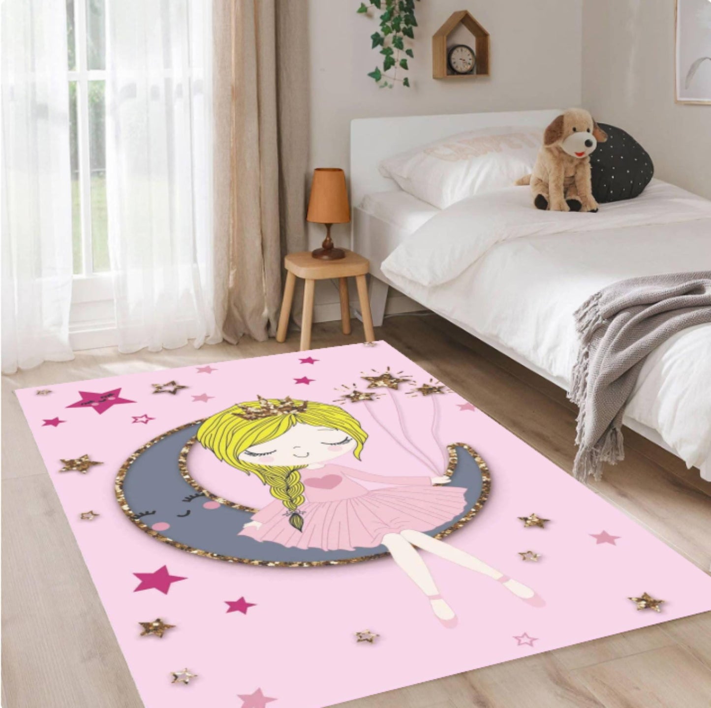 Princess Moon Pink Washable Non-slip Kids Room Rug