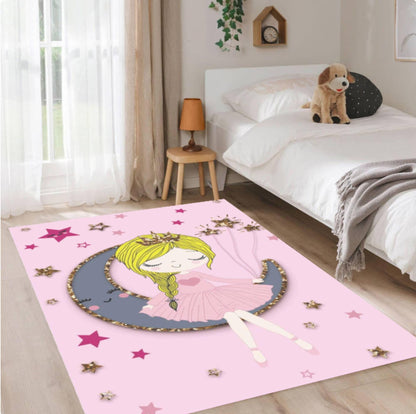 Princess Moon Pink Washable Non-slip Kids Room Rug