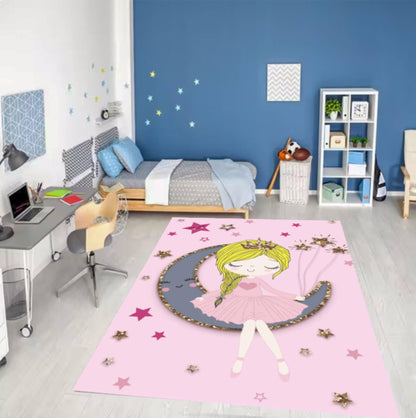 Princess Moon Pink Washable Non-slip Kids Room Rug