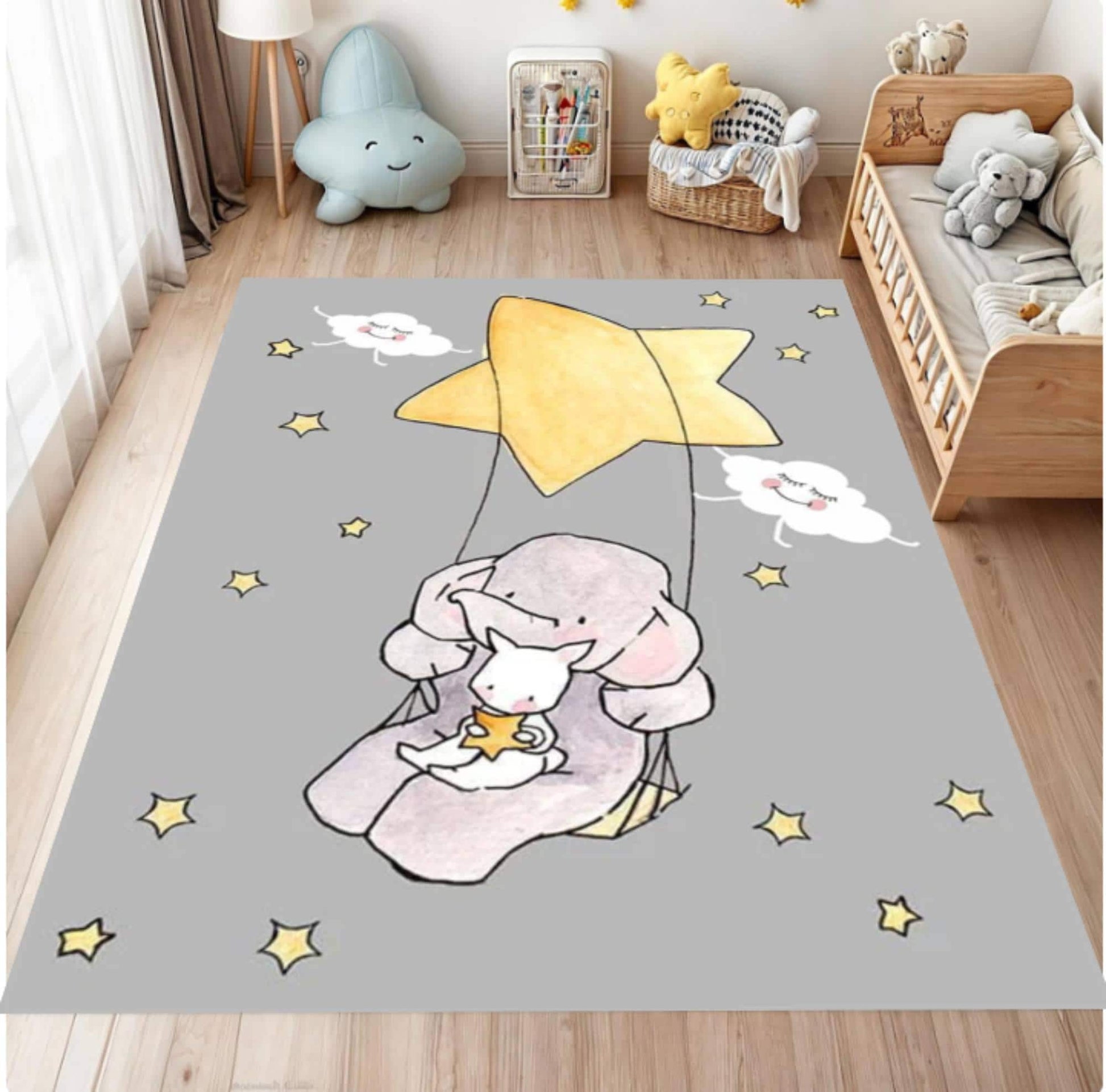 Children's room with a decorative rug featuring an elephant and stars.