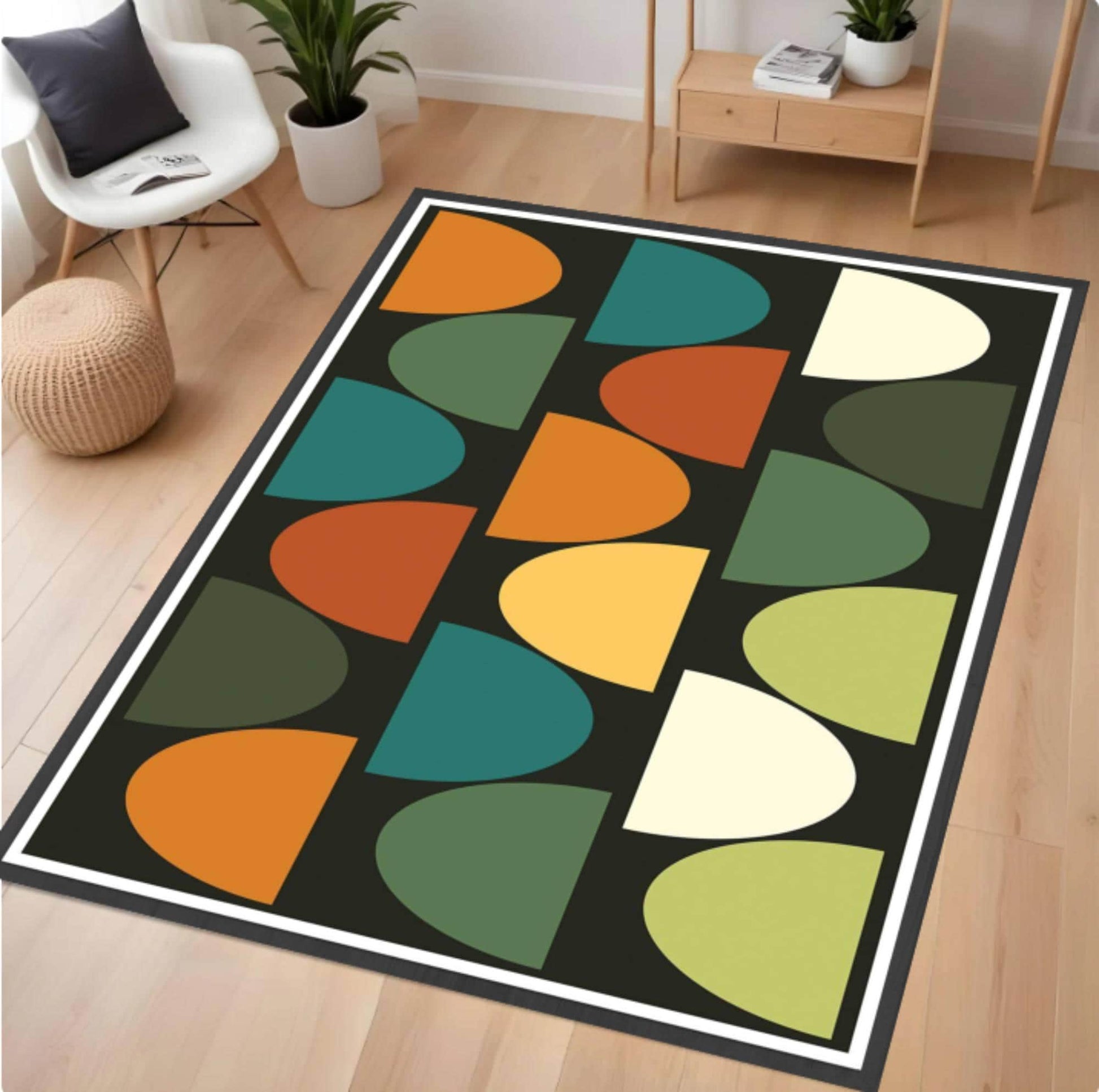 Colorful geometric-patterned rug on a wooden floor with a modern chair and decor items in the background.