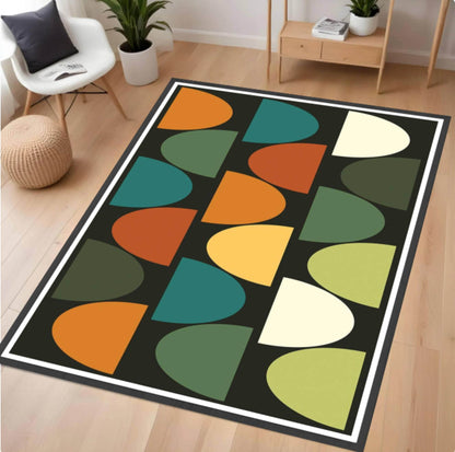 Colorful geometric-patterned rug on a wooden floor with a modern chair and decor items in the background.