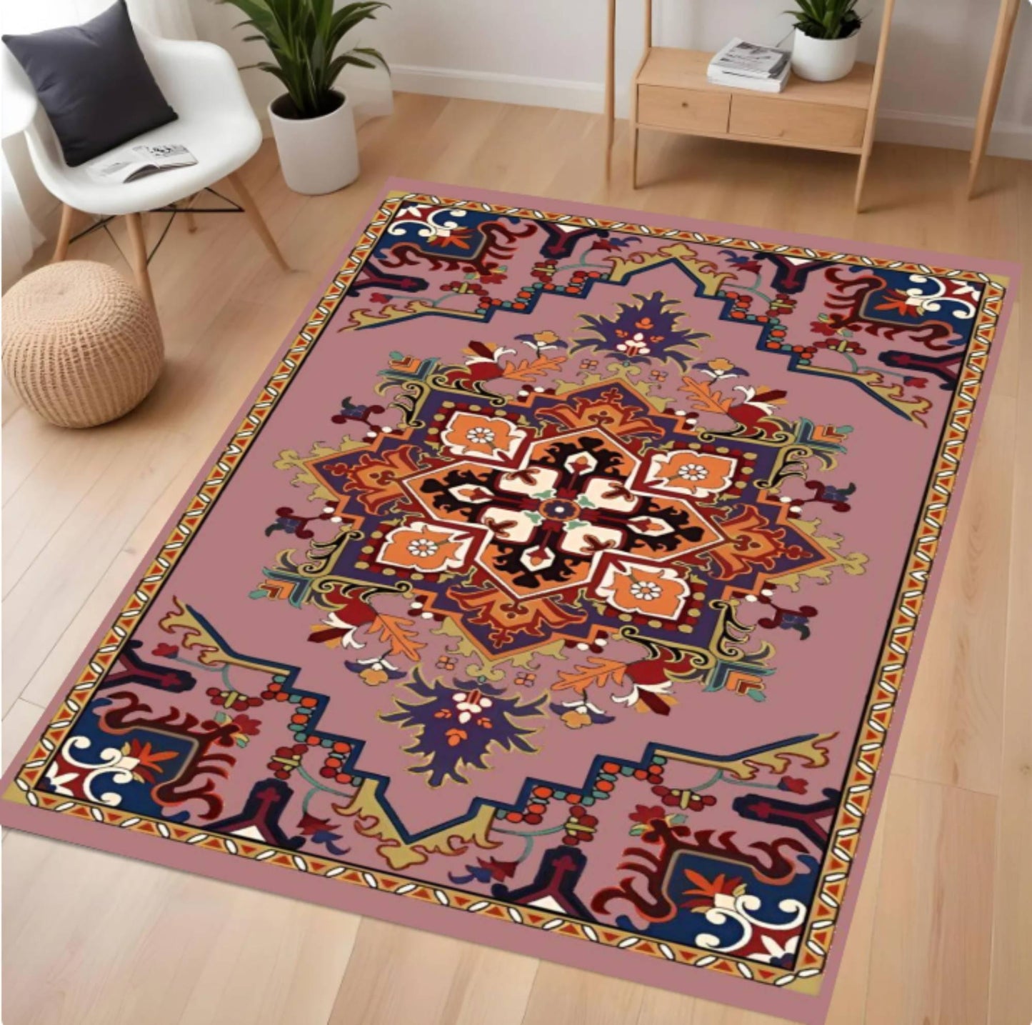 Decorative rug with intricate patterns on a wooden floor