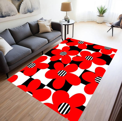 Red Rug with Floral Chart Checkerboard Washable Non-slip