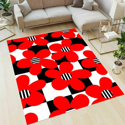 Red Rug with Floral Chart Checkerboard Washable Non-slip