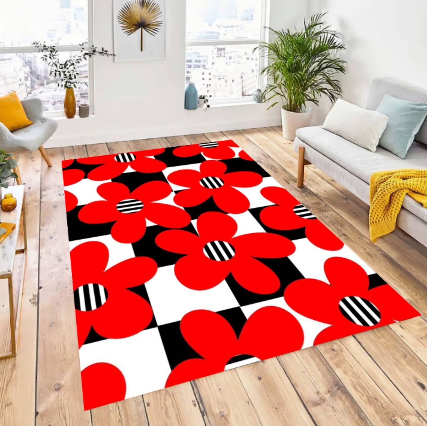 Red Rug with Floral Chart Checkerboard Washable Non-slip