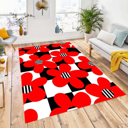 Red Rug with Floral Chart Checkerboard Washable Non-slip