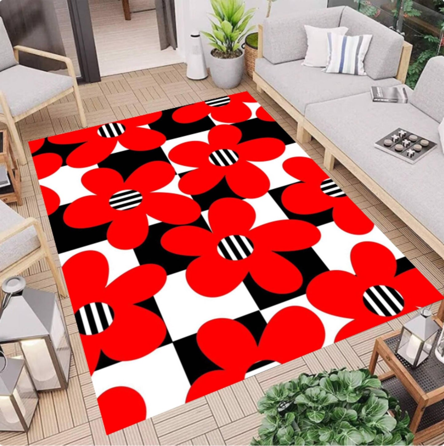 Red Rug with Floral Chart Checkerboard Washable Non-slip