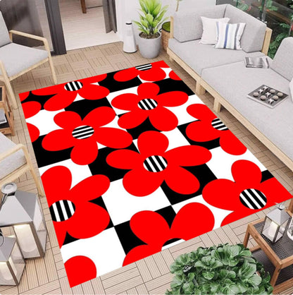 Red Rug with Floral Chart Checkerboard Washable Non-slip