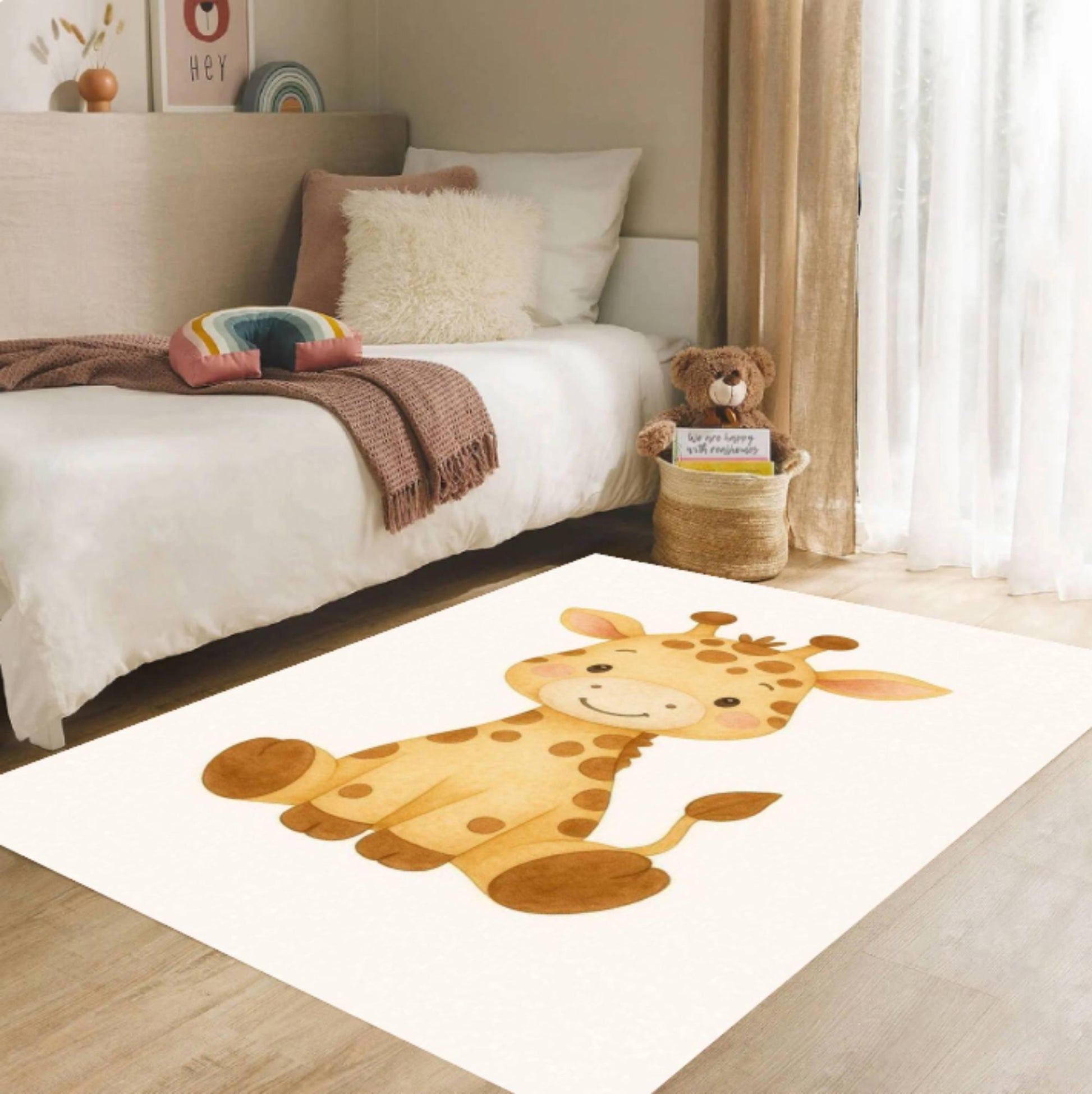 Cute Giraffe Kids Rug, Nursery Room Decor, Baby Animal Carpet, Washable Area Rug, Non Slip Floor Mat, Toddler Bedroom Playroom Rug