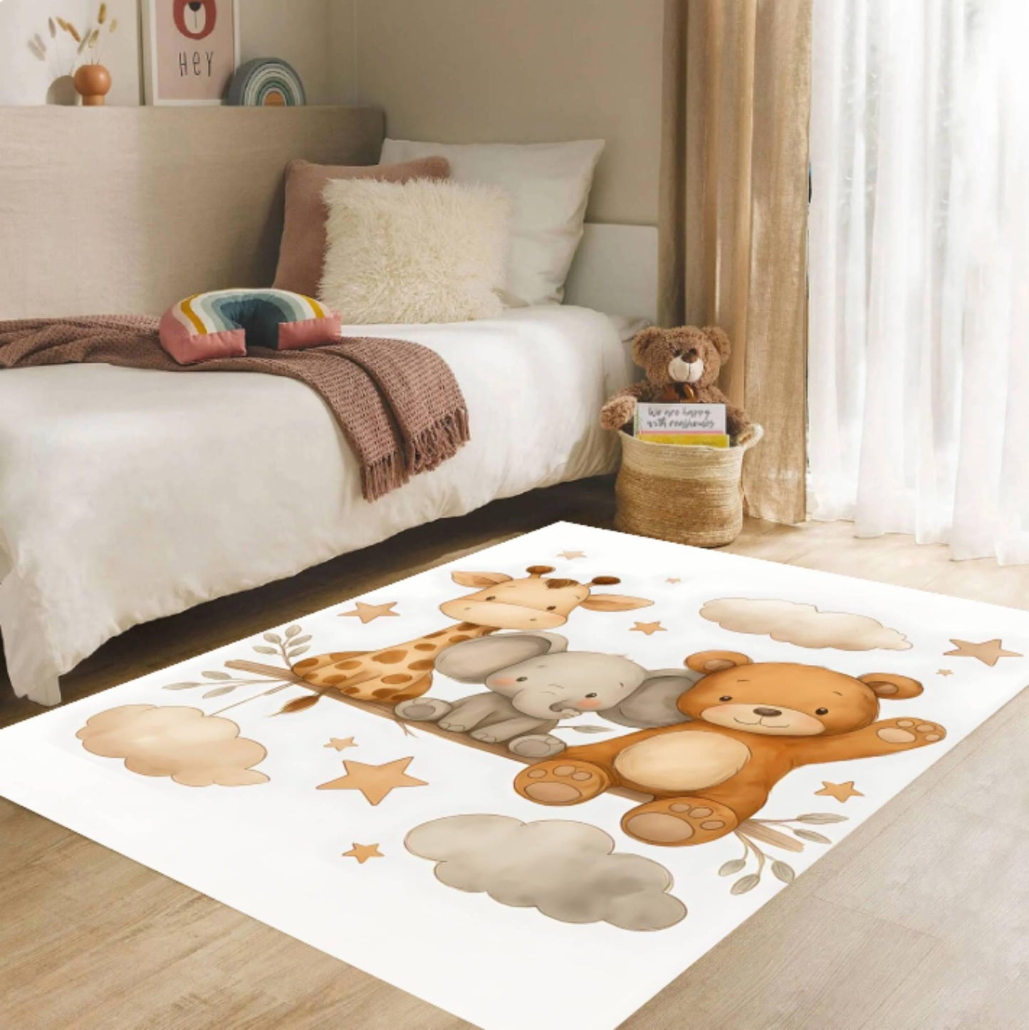 Safari Nursery Kids Rug – Giraffe &amp; Elephant Washable Non-Slip