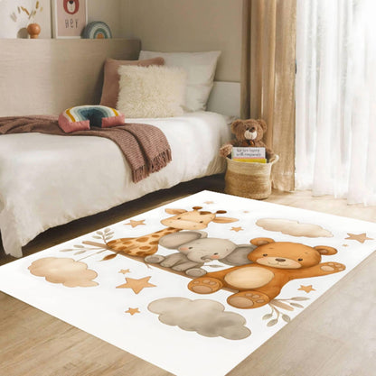 Safari Nursery Kids Rug – Giraffe &amp; Elephant Washable Non-Slip