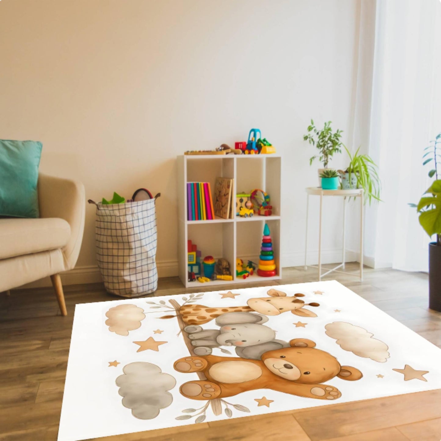 Safari Nursery Kids Rug – Giraffe &amp; Elephant Washable Non-Slip