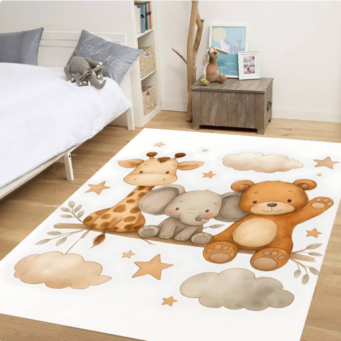 Safari Nursery Kids Rug – Giraffe &amp; Elephant Washable Non-Slip