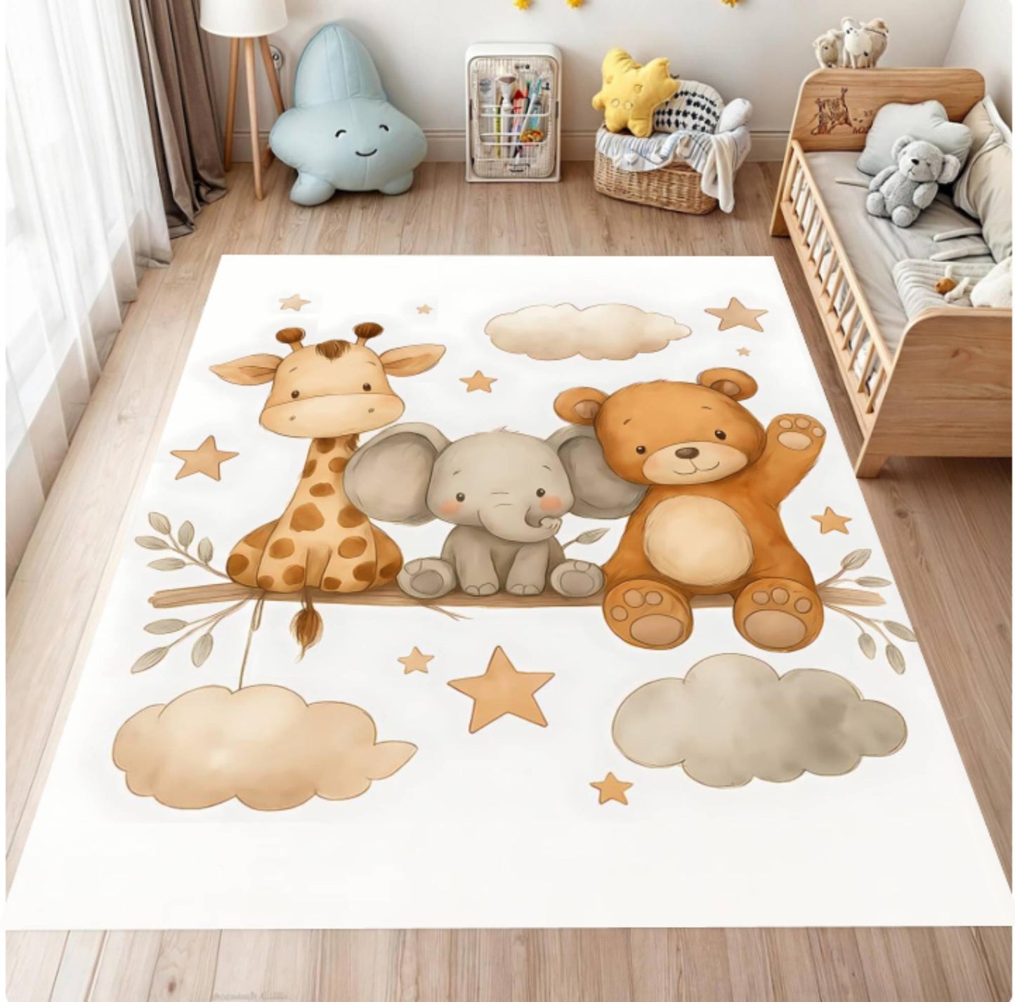 Children's room with a rug featuring cartoon animals on a wooden floor.