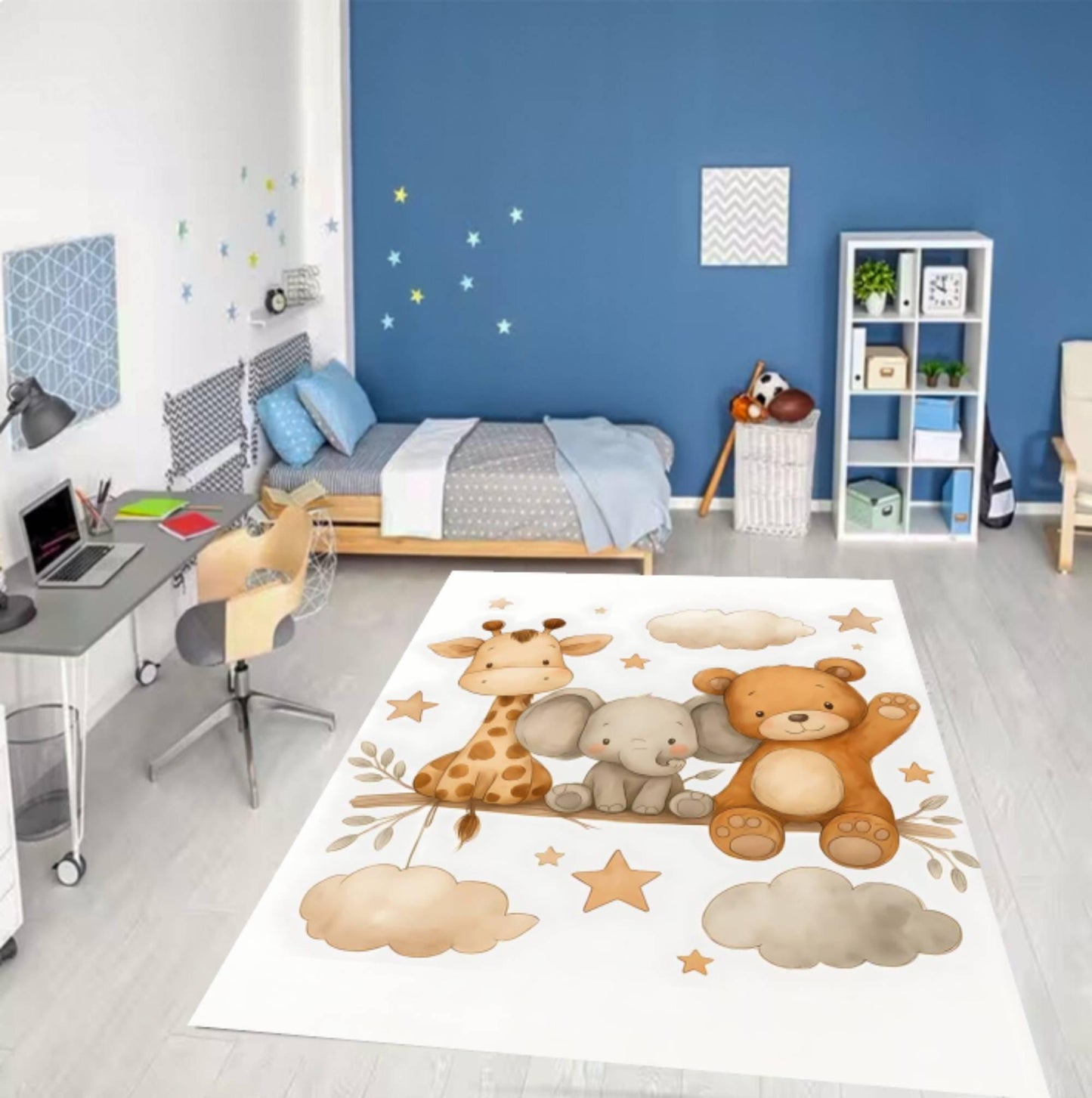 Safari Nursery Kids Rug – Giraffe &amp; Elephant Washable Non-Slip