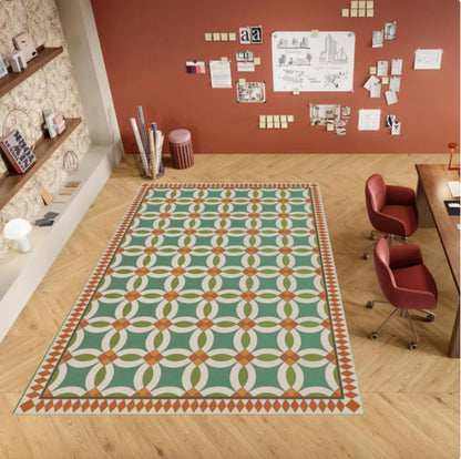 Green Geometric Tile Rug Washable Non-slip Floor Rug on Retro
