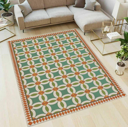 Green Geometric Tile Rug Washable Non-slip Floor Rug on Retro
