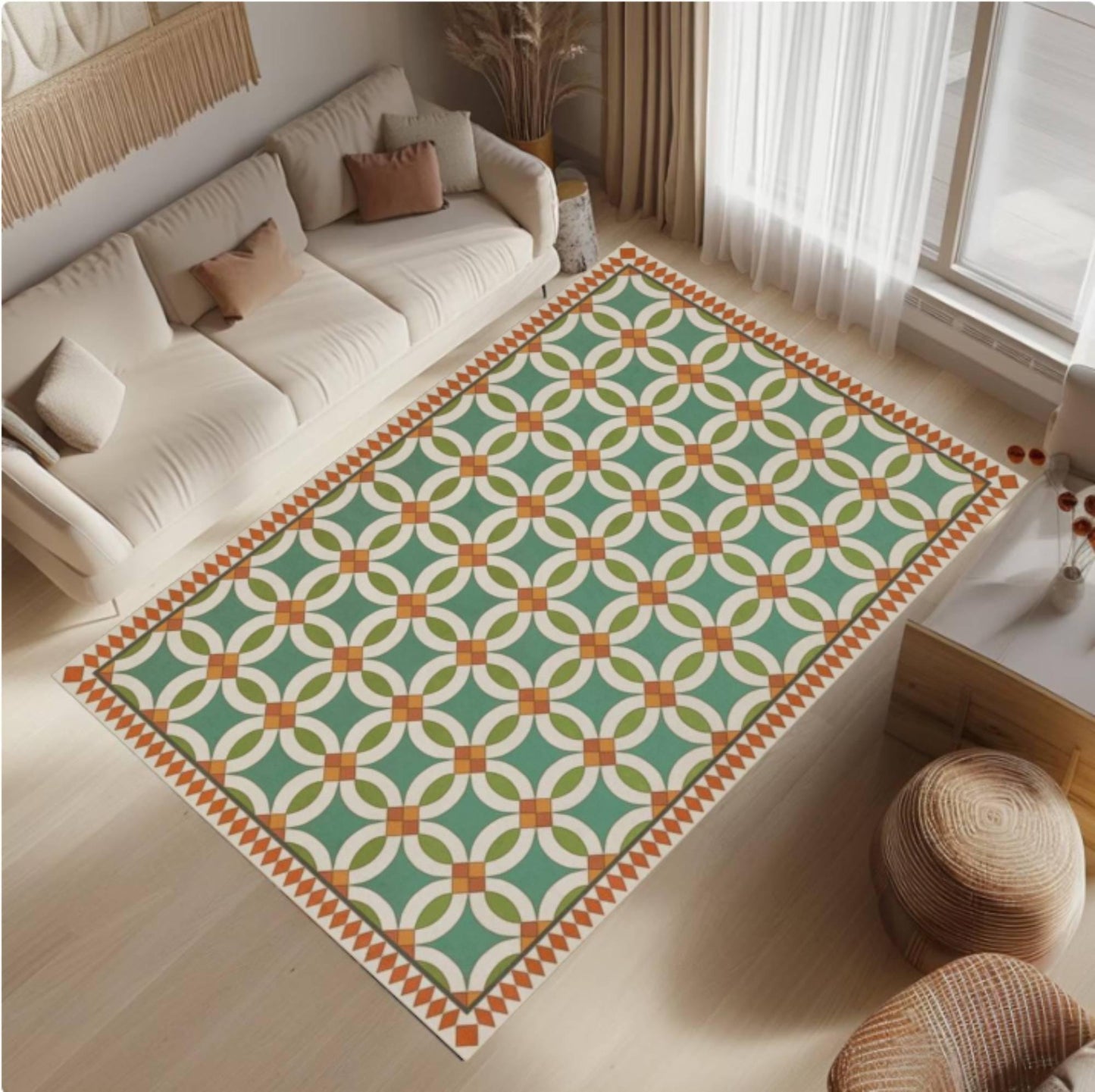 Green Geometric Tile Rug Washable Non-slip Floor Rug on Retro