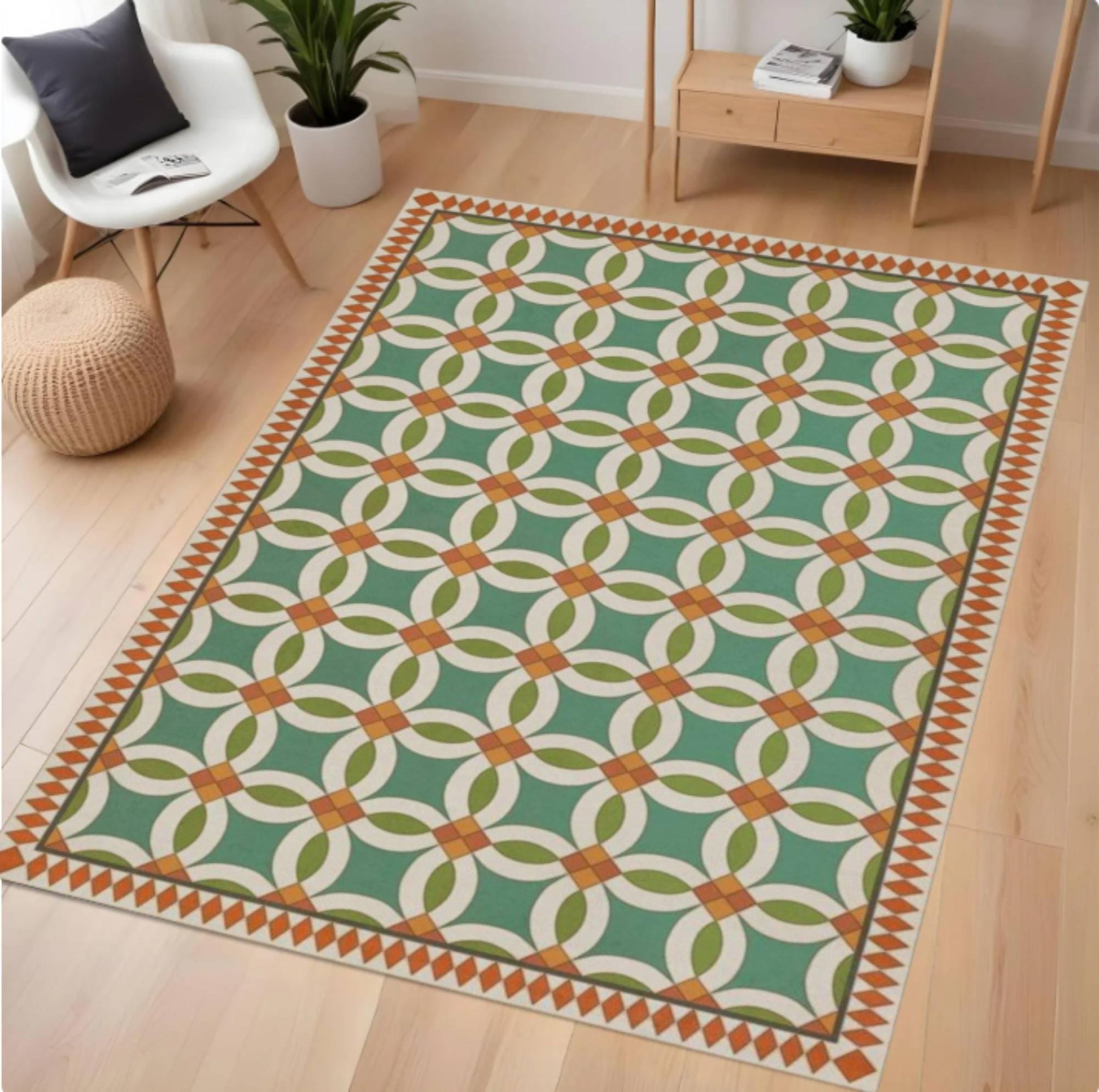 Decorative rug with geometric pattern on a wooden floor