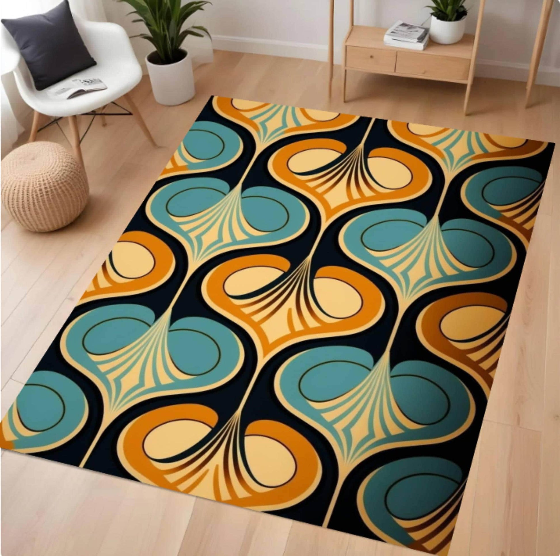 Colorful patterned rug on a wooden floor with furniture in the background