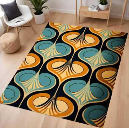 Colorful patterned rug on a wooden floor with furniture in the background
