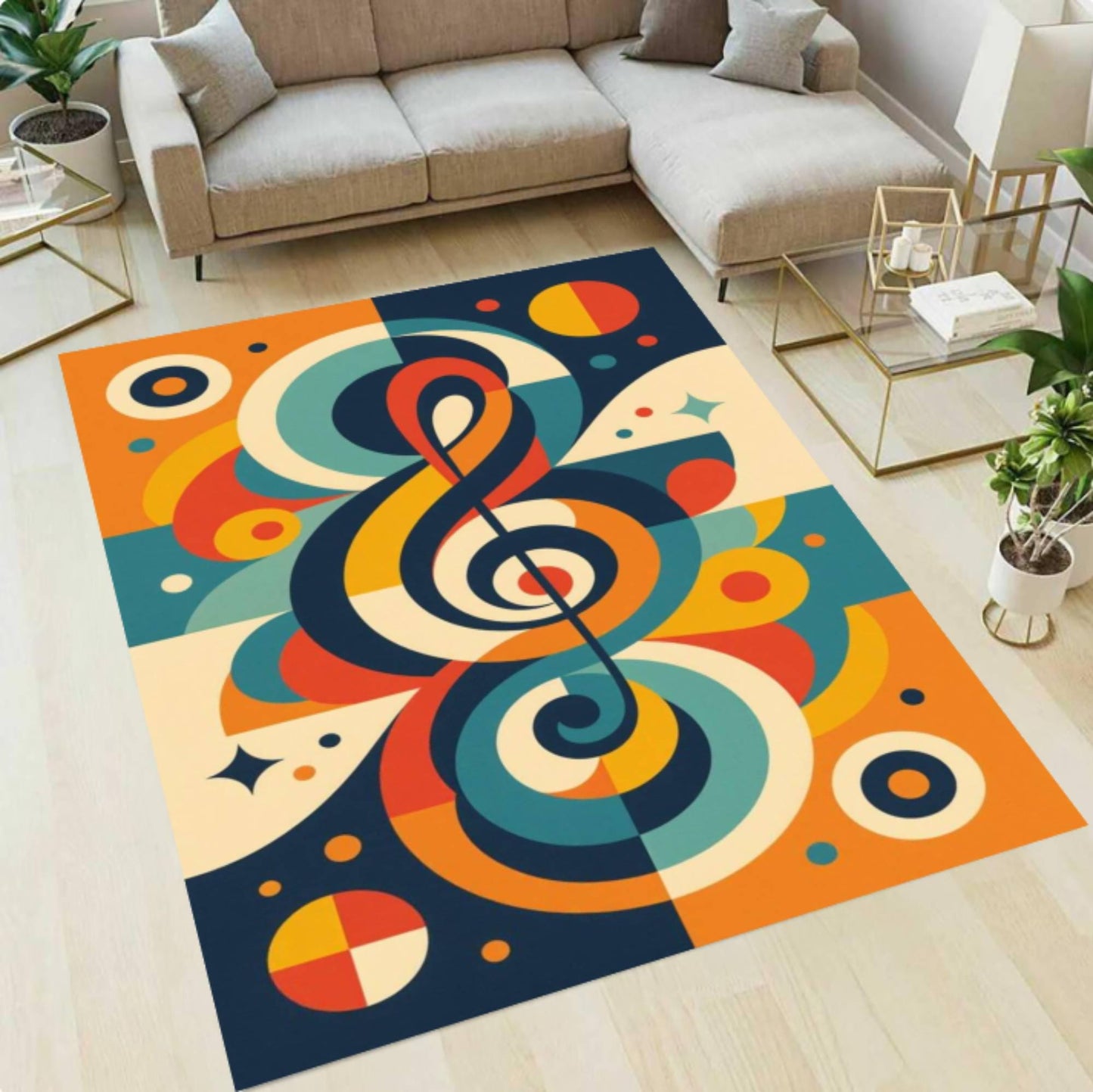 Retro Treble Clef Music Rug - Colorful Mid-Century Modern Decor Rug