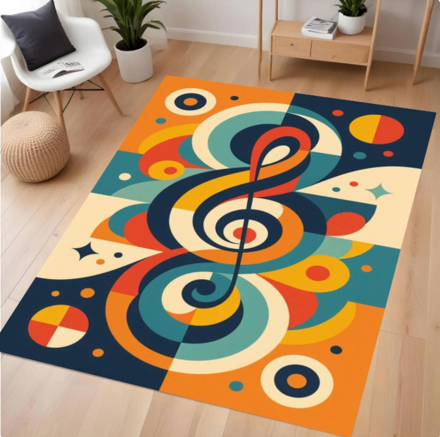 Retro Treble Clef Music Rug - Colorful Mid-Century Modern Decor Rug
