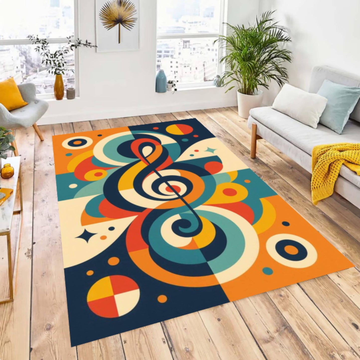 Retro Treble Clef Music Rug - Colorful Mid-Century Modern Decor Rug