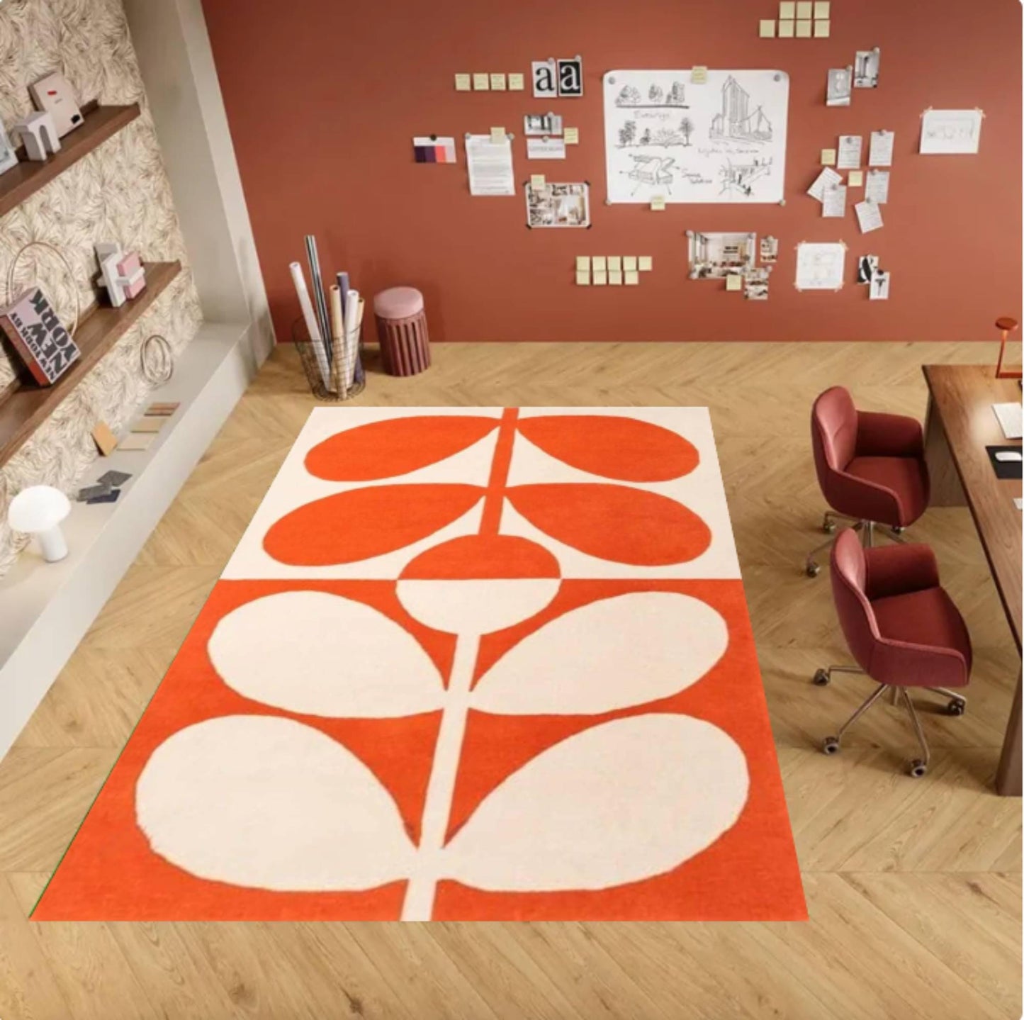 Mid Century Modern Leaf Area Rug, Washable Non Slip Floor Carpet, Bold Orange Scandinavian Botanical Design, Retro Living Room Decor