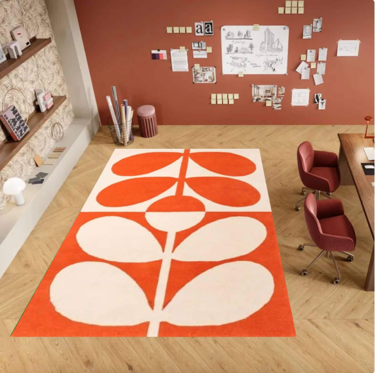 Mid-Century Modern Leaf Botanical Rug – Washable Non-Slip