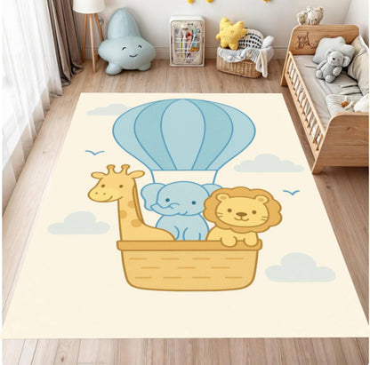 Children's room with a rug featuring cartoon animals in a hot air balloon.